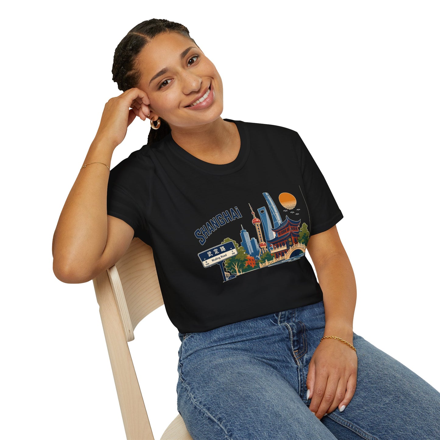 Shanghai Skyline T-Shirt — Vintage Cityscape Tee with Oriental Temple & Pudong Landmarks