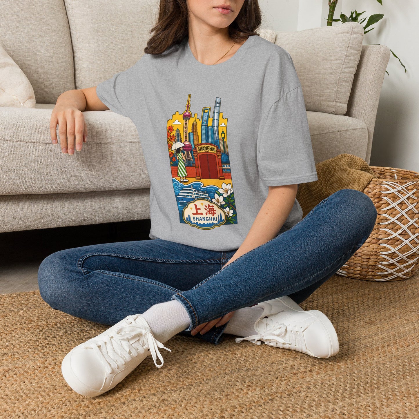Shanghai Skyline T-Shirt — Vintage Cityscape with Chinese Characters