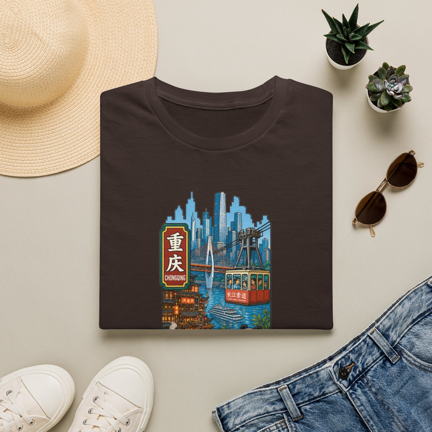 Chongqing Cityscape T-Shirt — Cable Car, Skyline & Night Market Illustration