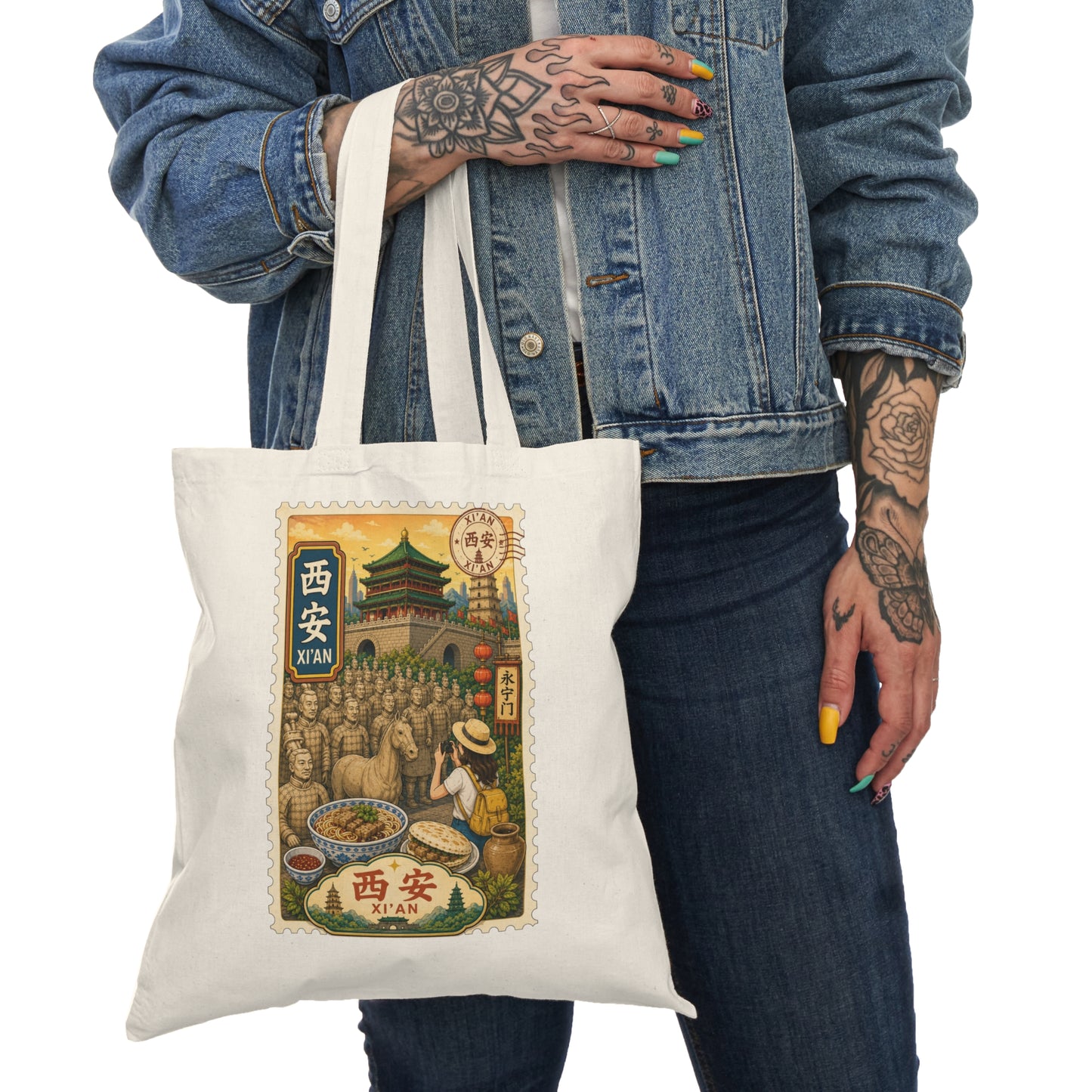 Xi'an Vintage Travel Stamp Tote Bag — Chinese Street Food Market Illustration