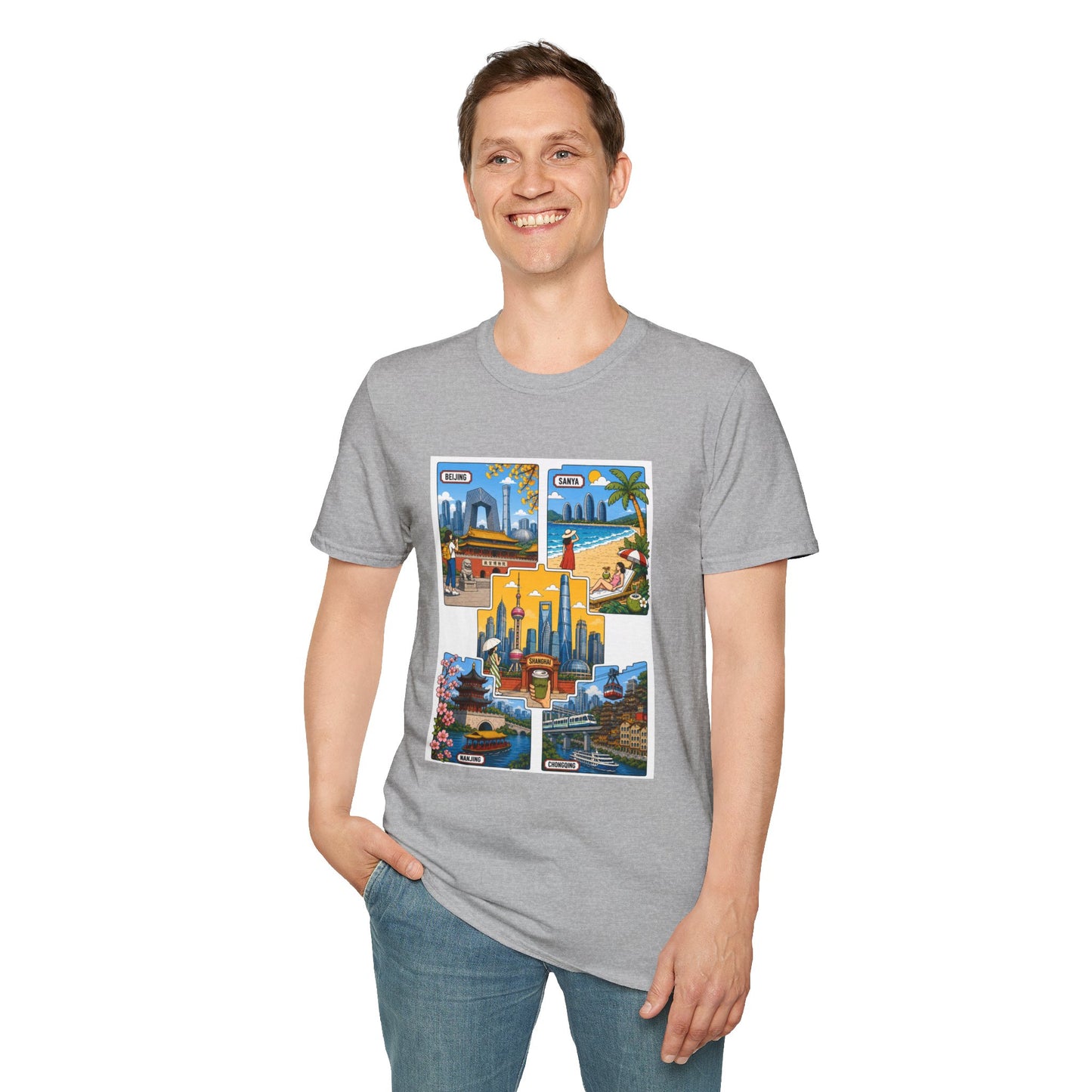 Cityscape Postcard T-Shirt — Retro Travel Collage (Beijing, Santa, Coastal Scenes)