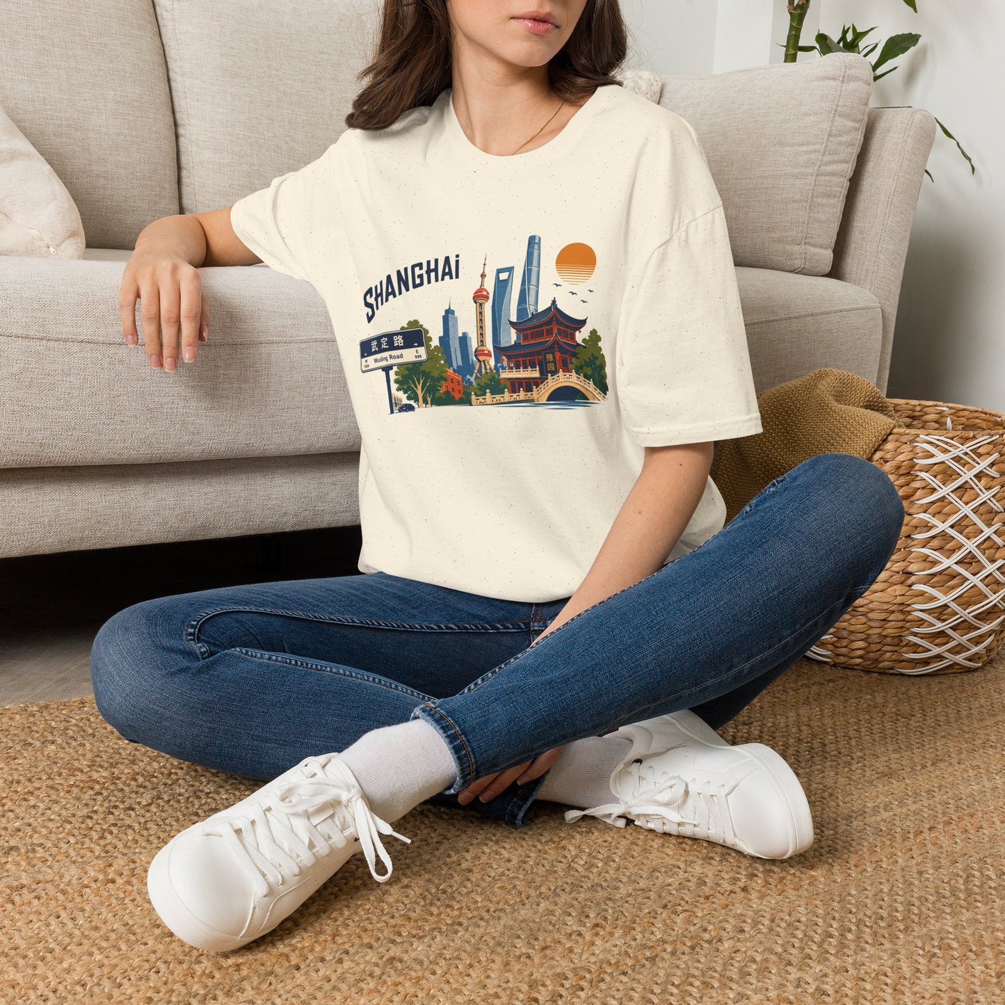 Shanghai Skyline T-Shirt — Vintage Cityscape Tee with Oriental Temple & Pudong Landmarks