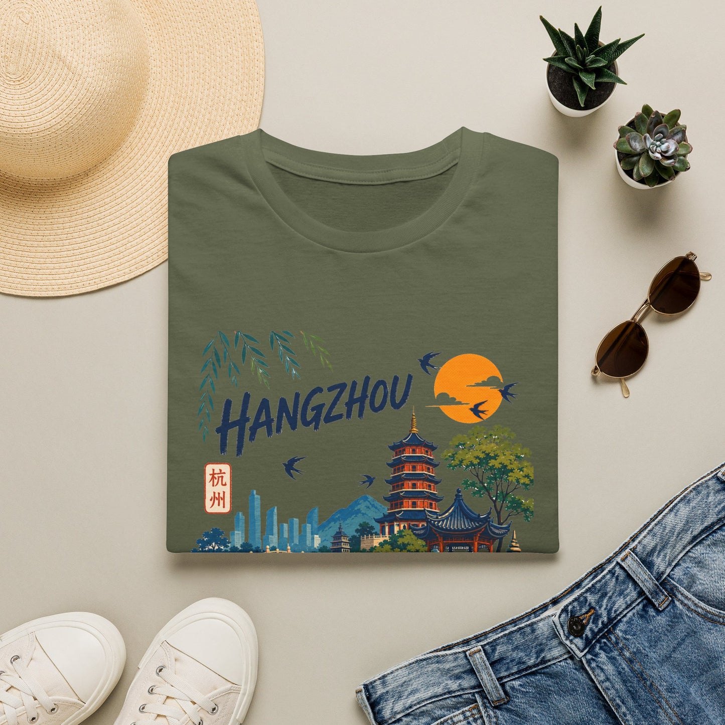 Hangzhou Travel Tee — Scenic Pagoda, Skyline & Sunset Graphic T-Shirt