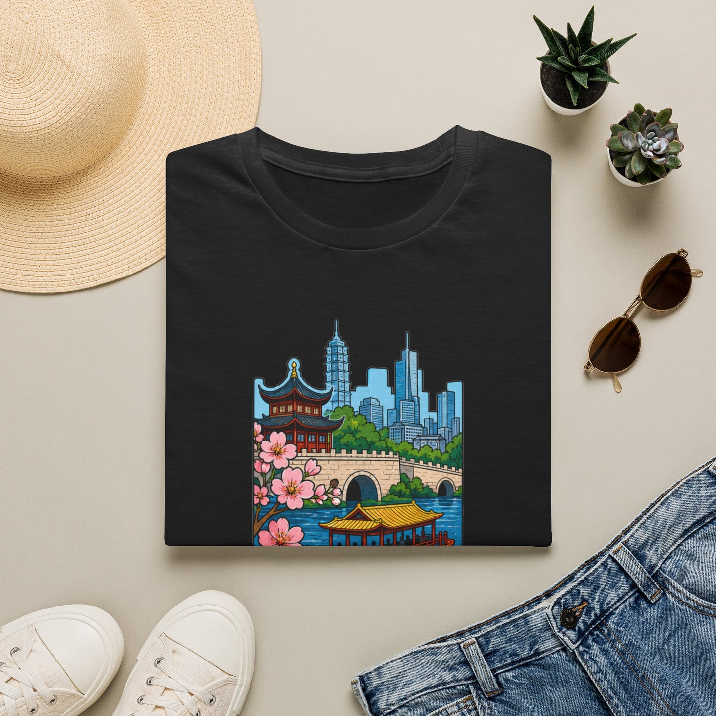 Nanjing Cityscape T-Shirt — Cherry Blossoms, Pagoda & Skyline Travel Shirt