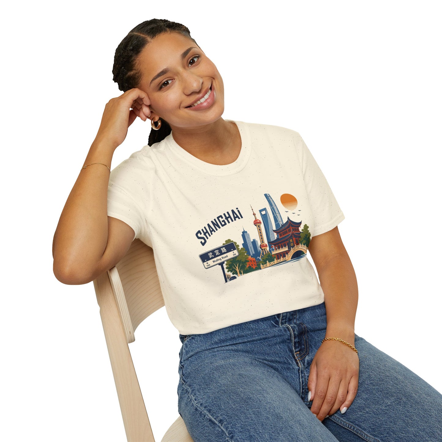 Shanghai Skyline T-Shirt — Vintage Cityscape Tee with Oriental Temple & Pudong Landmarks