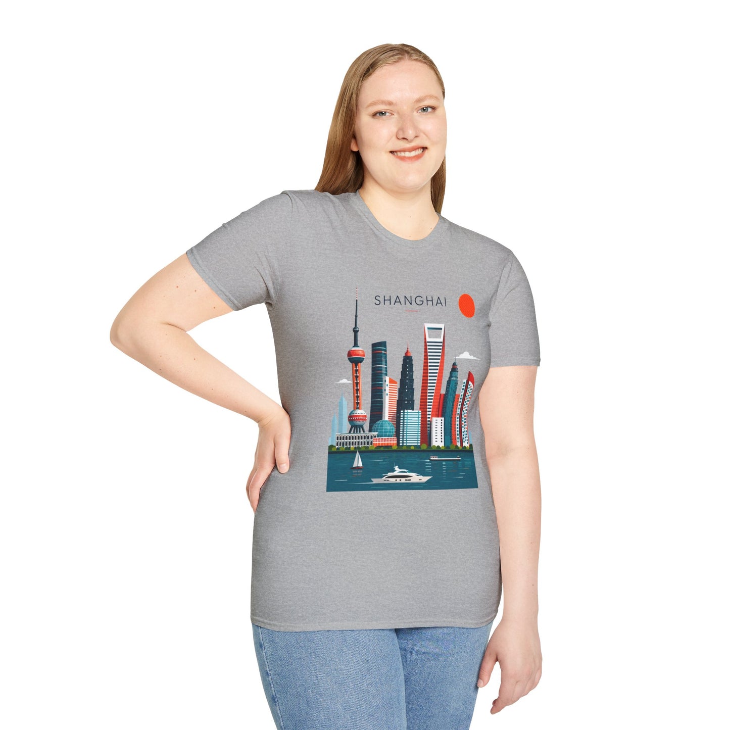 Shanghai Skyline T‑Shirt — Retro Red Sun Cityscape Tee