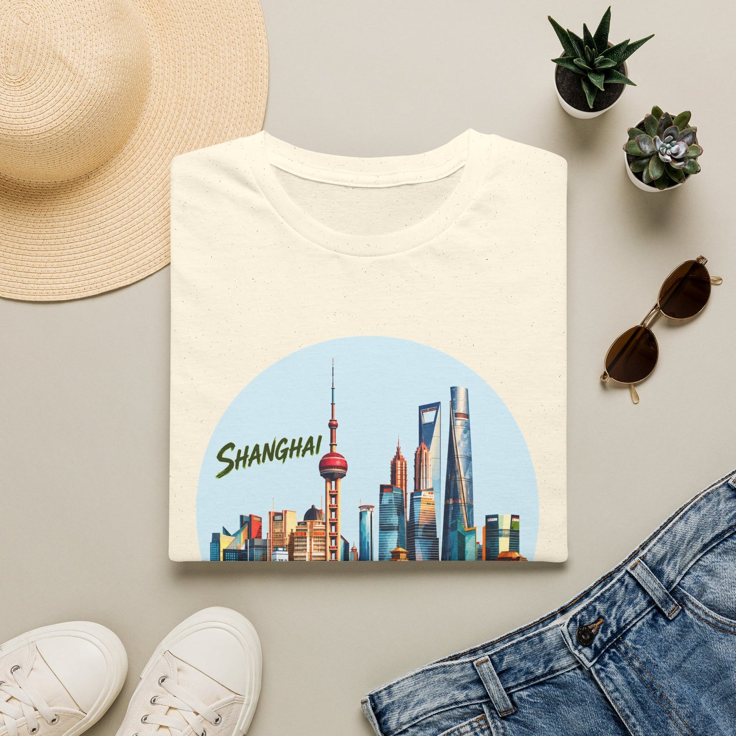 Shanghai Skyline T-Shirt — Retro Cityscape Tee with Reflection