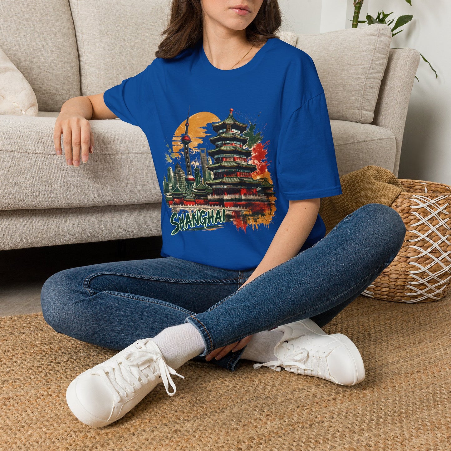 Shanghai Skyline T-Shirt — Watercolor Pagoda & Oriental Sunset Graphic