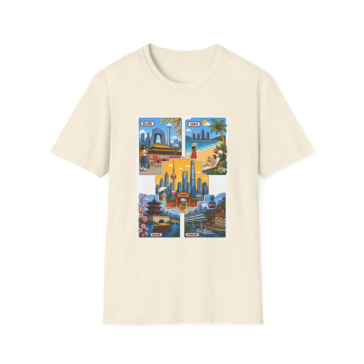 Cityscape Postcard T-Shirt — Retro Travel Collage (Beijing, Santa, Coastal Scenes)