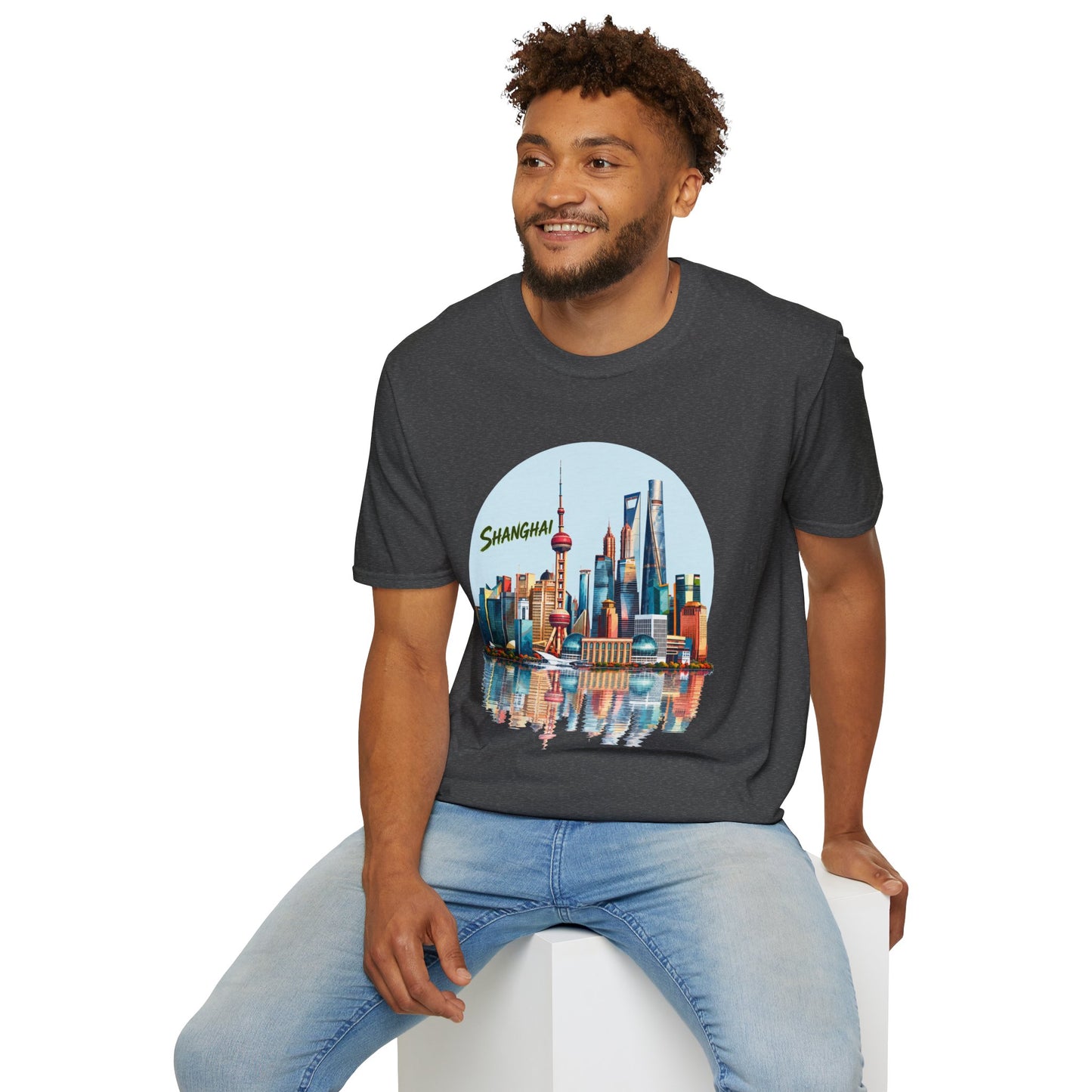 Shanghai Skyline T-Shirt — Retro Cityscape Tee with Reflection