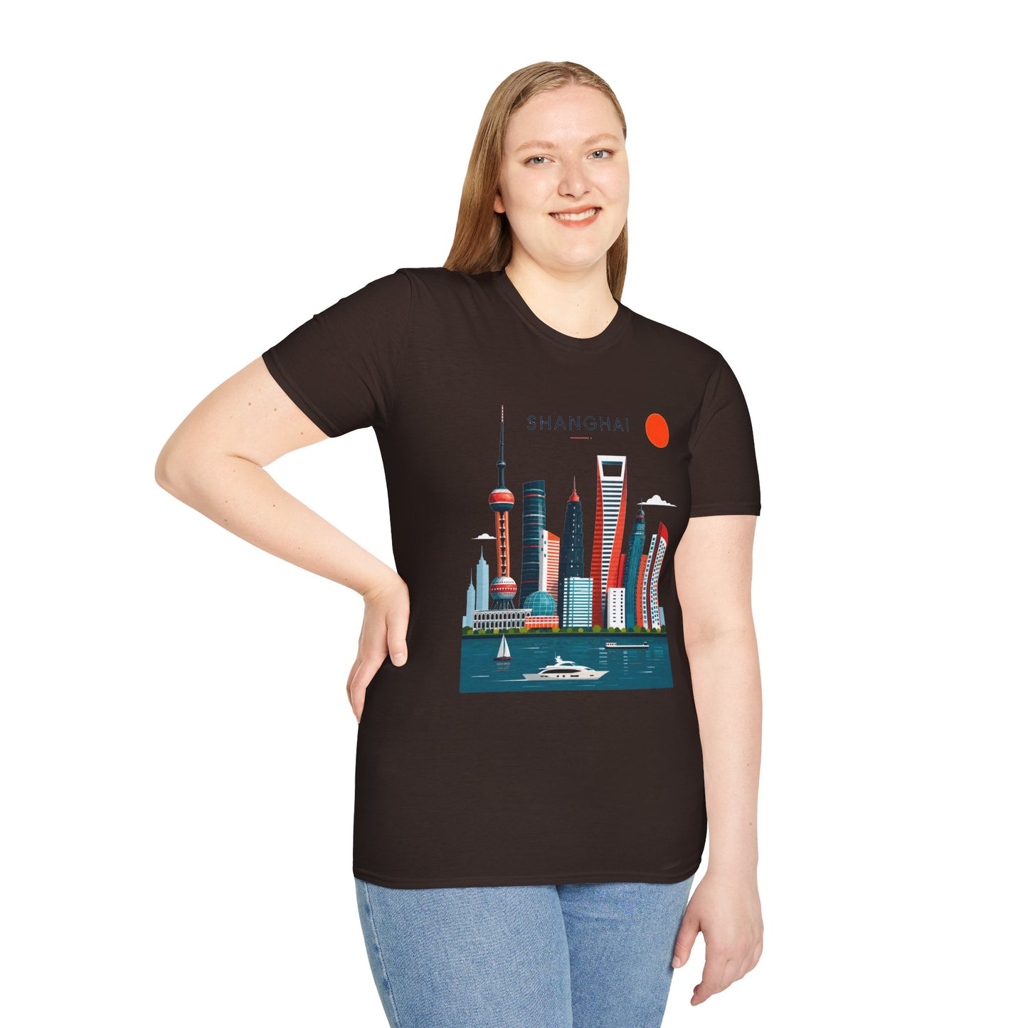 Shanghai Skyline T‑Shirt — Retro Red Sun Cityscape Tee