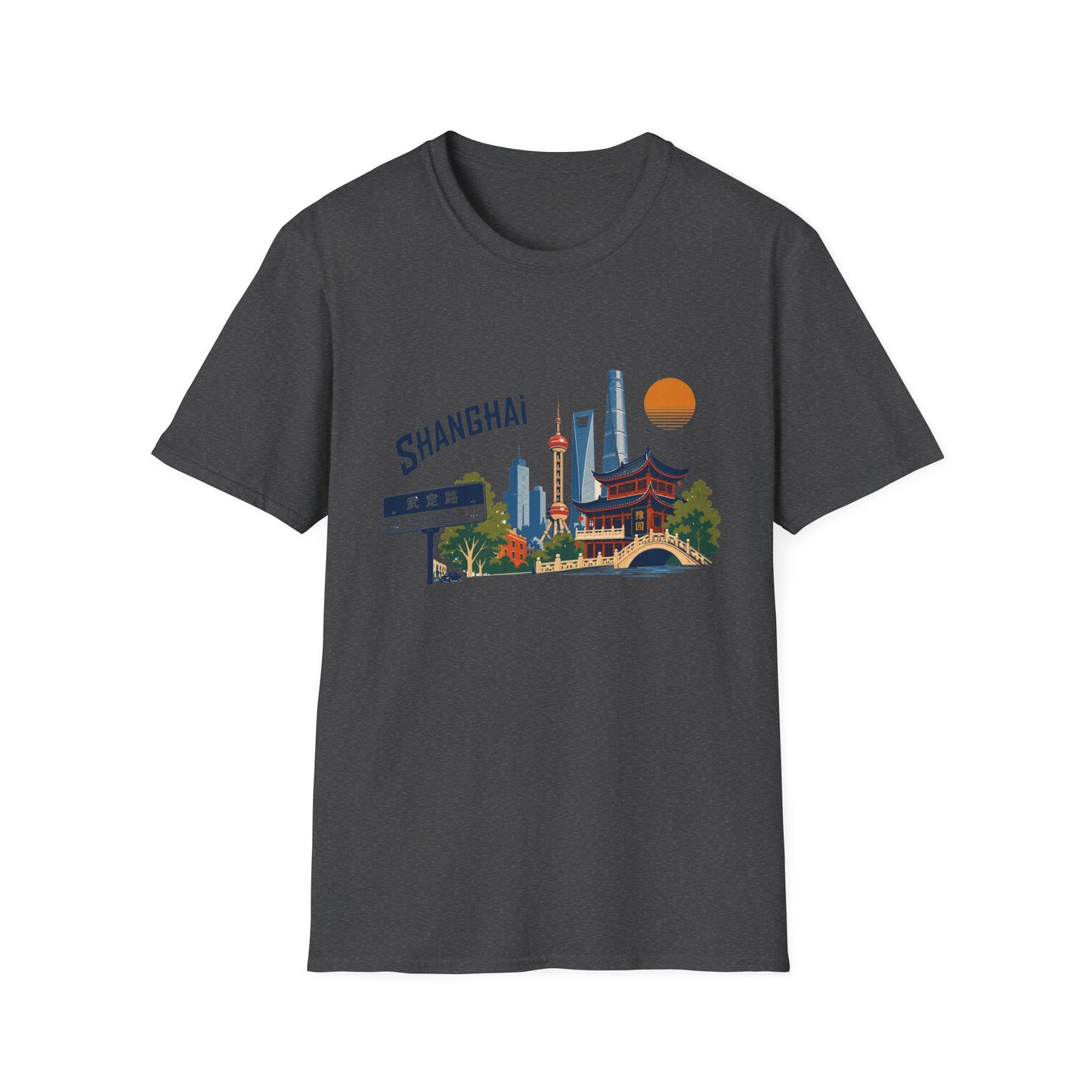 Shanghai Skyline T-Shirt — Retro Cityscape Tee with Oriental Pagoda & Street Sign