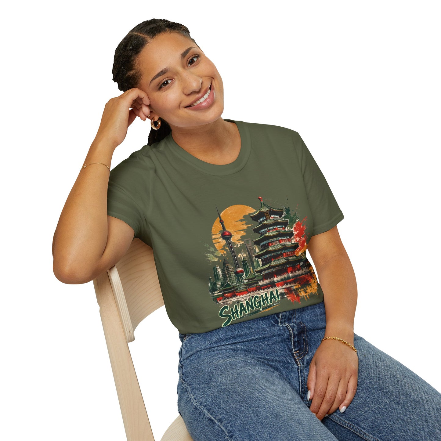 Shanghai Skyline T-Shirt — Watercolor Pagoda & Oriental Sunset Graphic