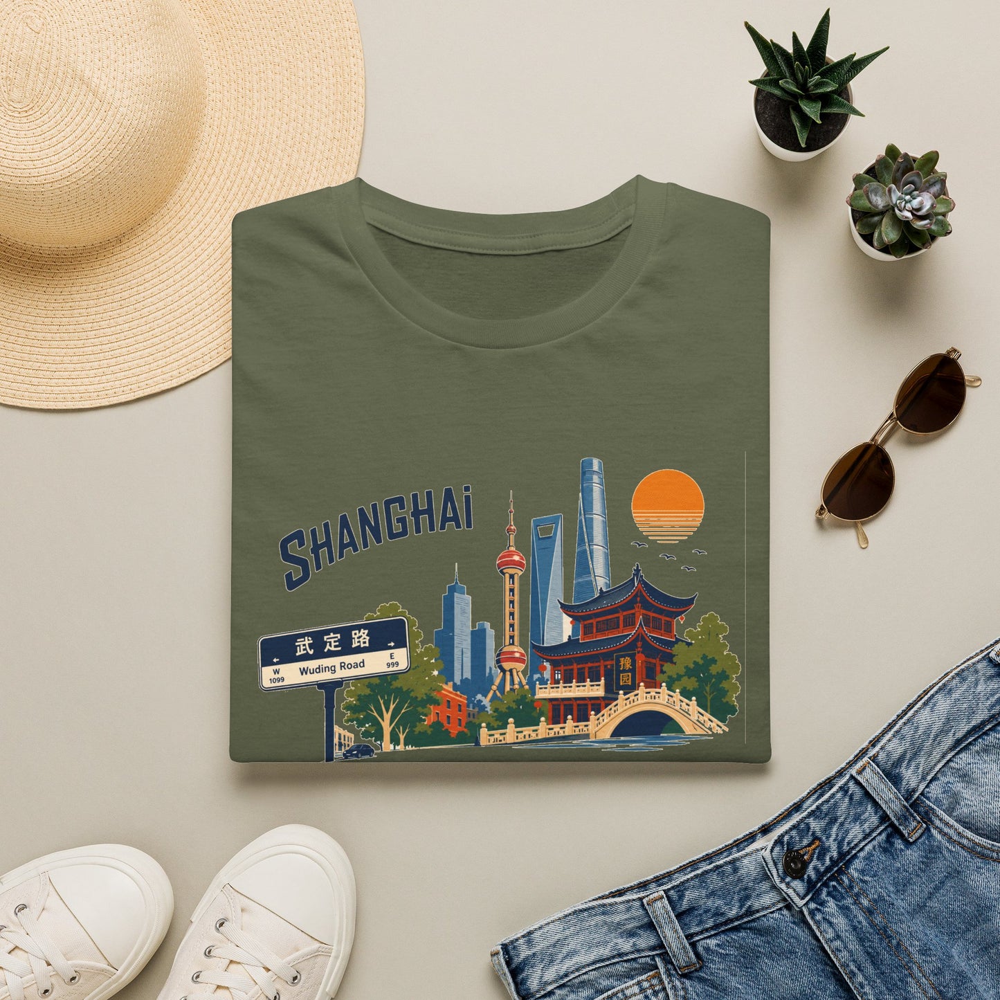 Shanghai Skyline T-Shirt — Vintage Cityscape Graphic Tee featuring Oriental Pagoda & Pudong Landmarks