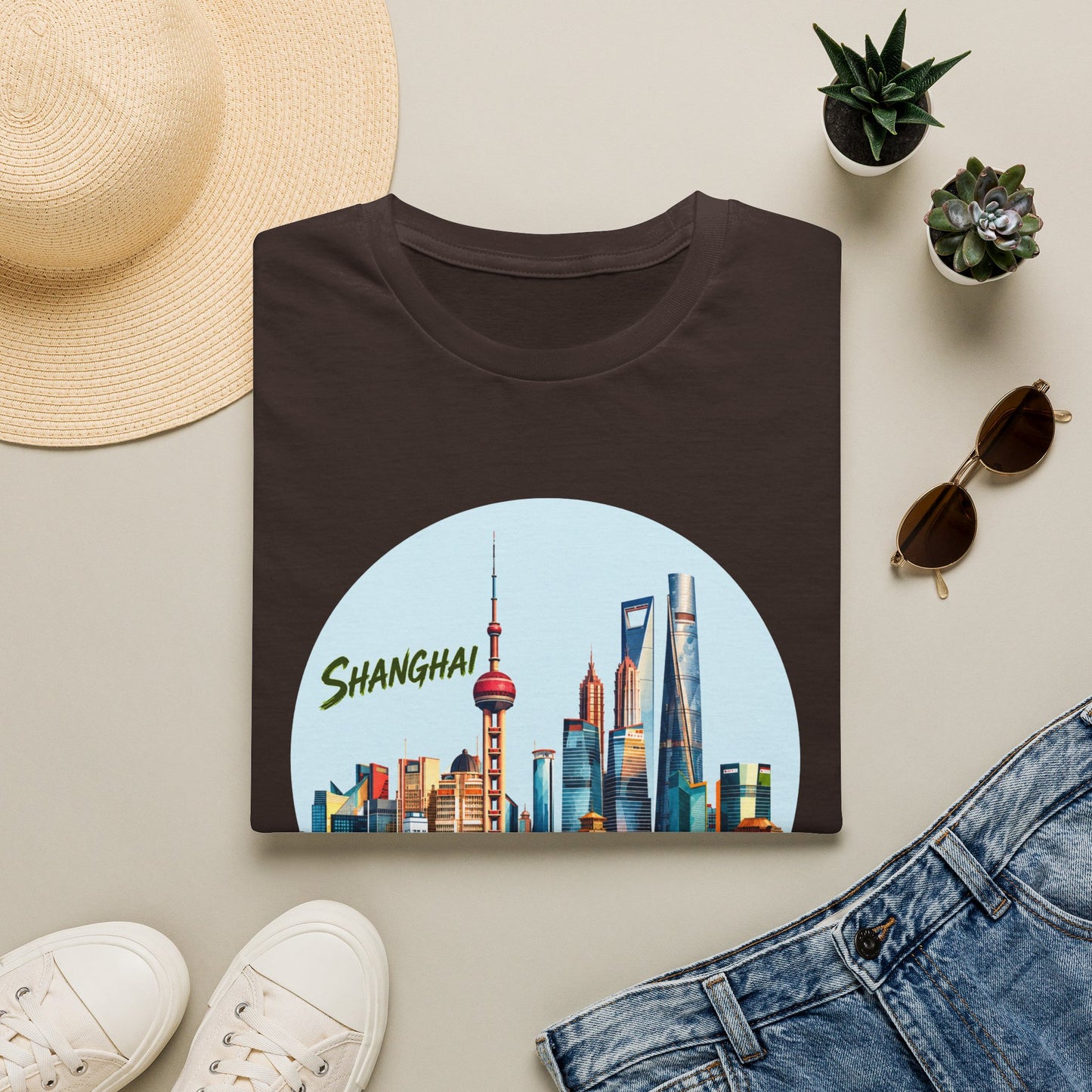Shanghai Skyline T-Shirt — Retro Cityscape Tee with Reflection