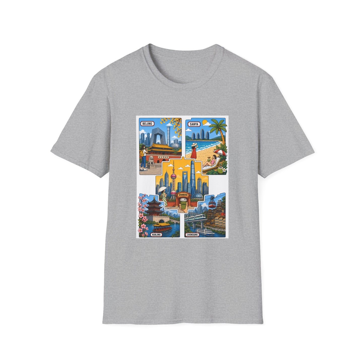 Cityscape Postcard T-Shirt — Retro Travel Collage (Beijing, Santa, Coastal Scenes)