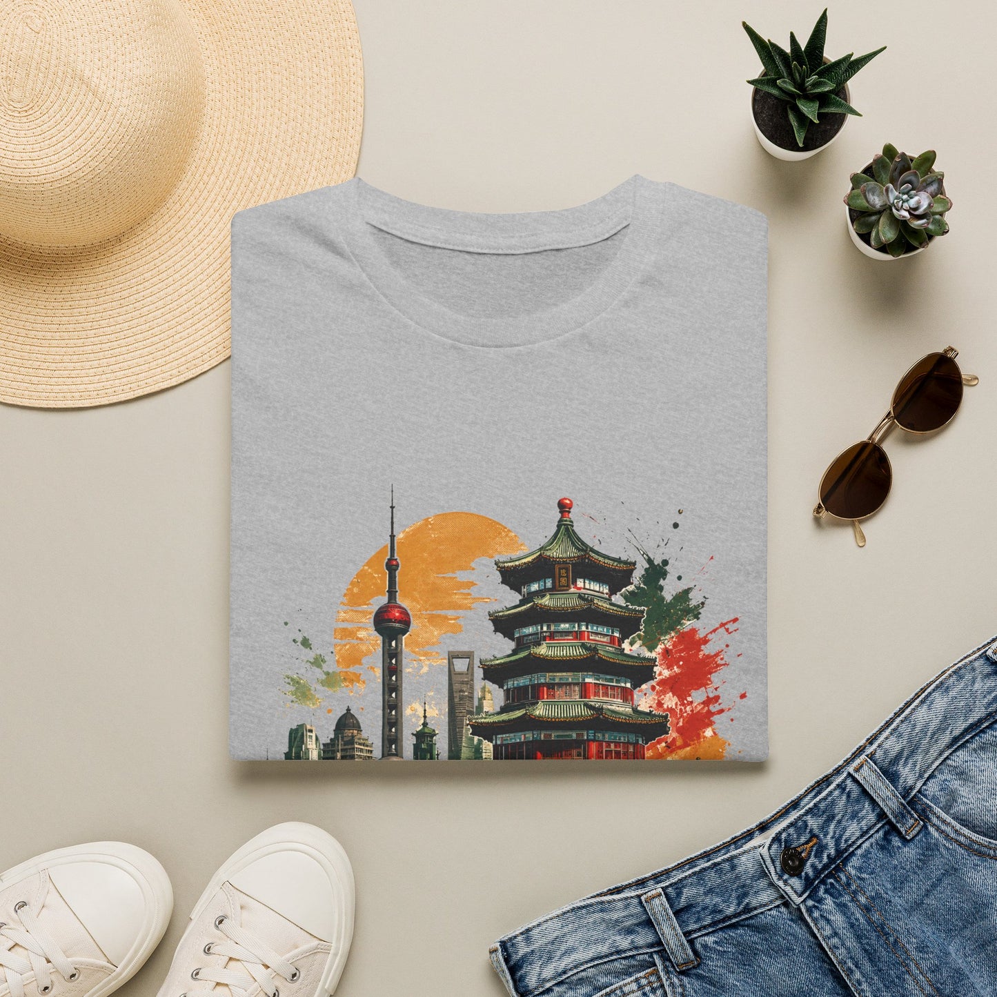 Shanghai skyline T-Shirt — Watercolor Pagoda & Oriental Sunset Tee