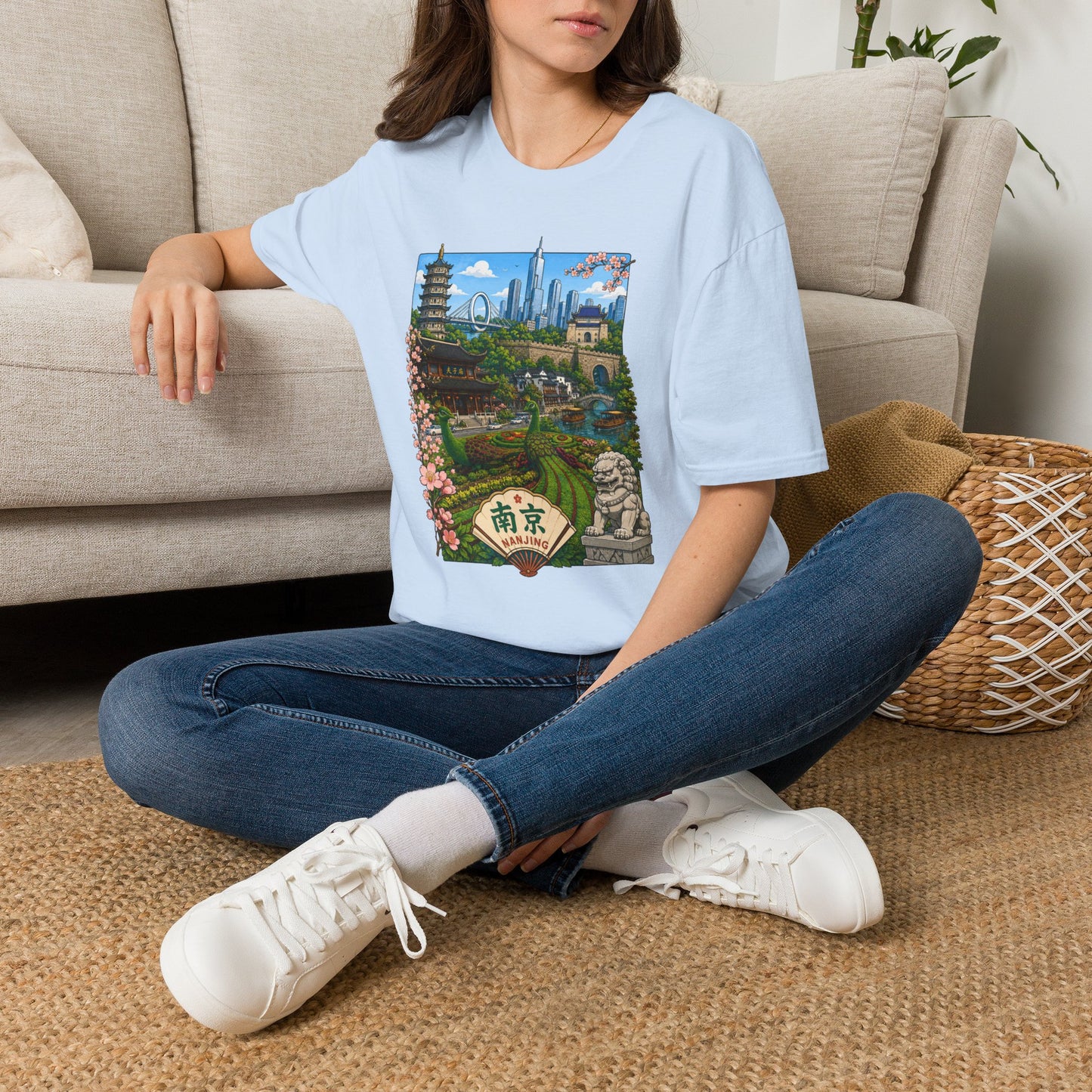 Nanjing Skyline T-Shirt — Scenic Cityscape with Pagoda & Cherry Blossoms