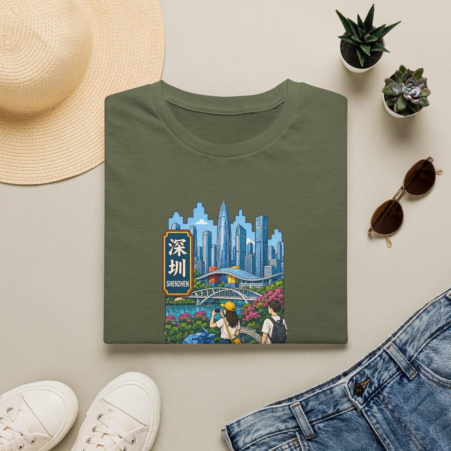 Shenzhen Skyline T-Shirt — Retro Travel City Scene with Chinese Characters