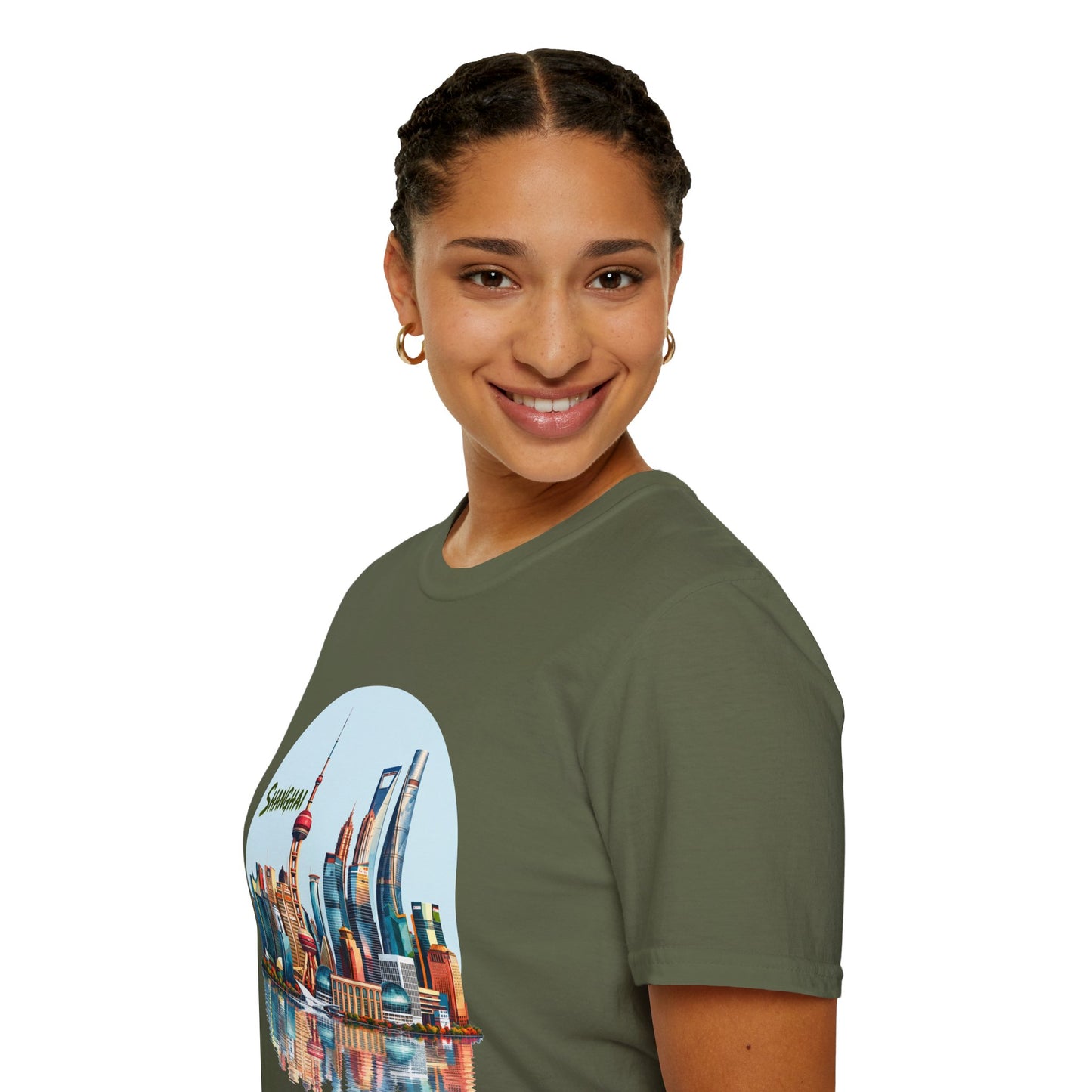 Shanghai Skyline T-Shirt — Retro Cityscape Tee with Reflection