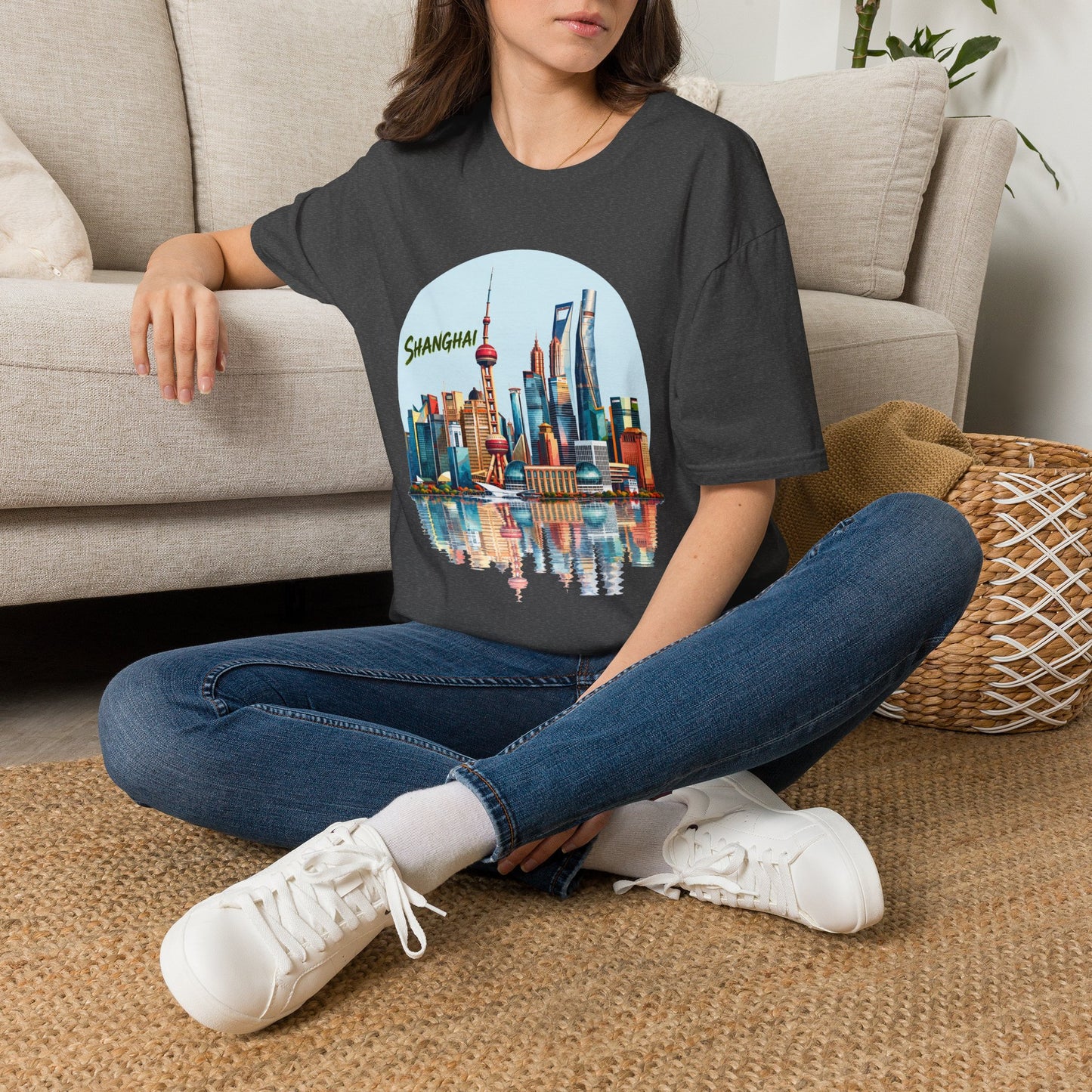 Shanghai Skyline T-Shirt — Retro Cityscape Tee with Reflection