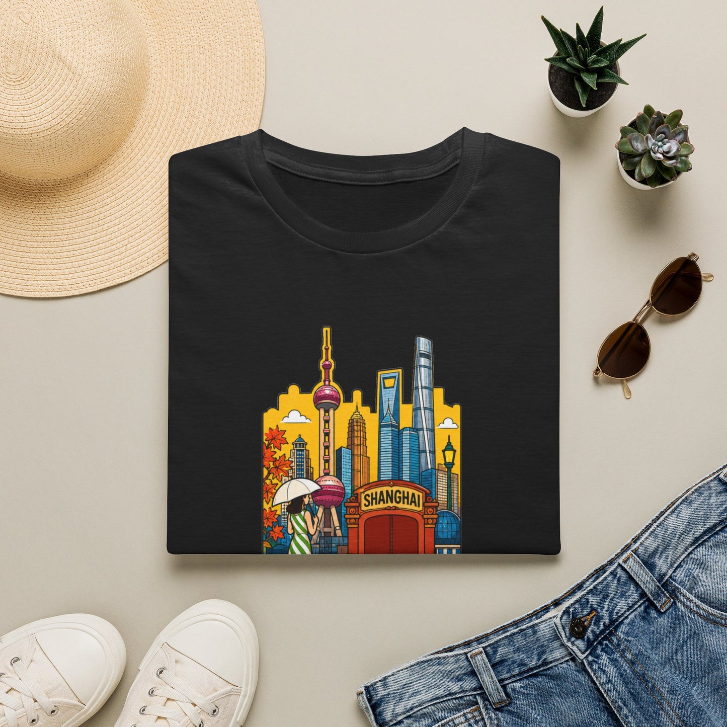 Shanghai Skyline T-Shirt — Vintage Cityscape with Chinese Characters