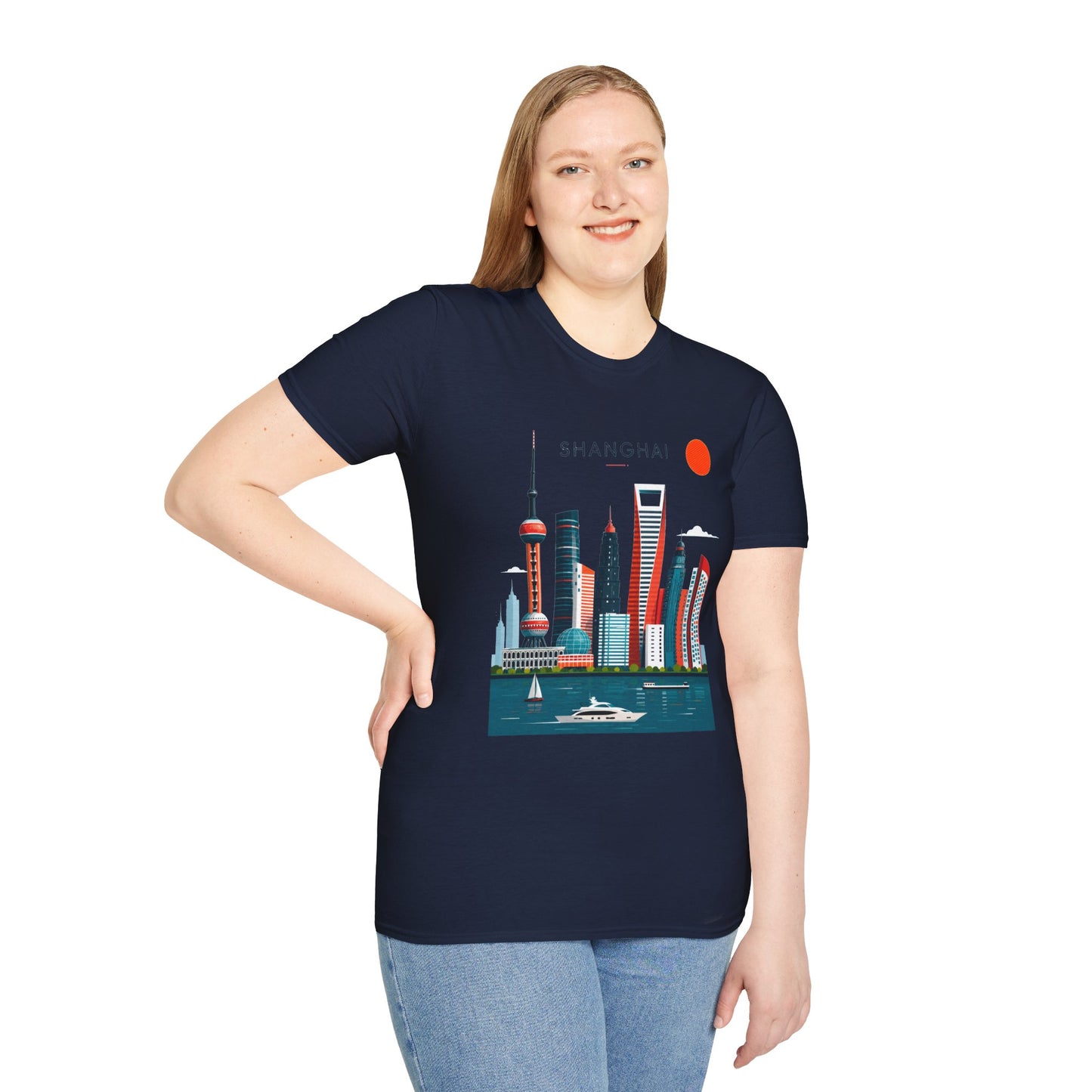 Shanghai Skyline T‑Shirt — Retro Red Sun Cityscape Tee