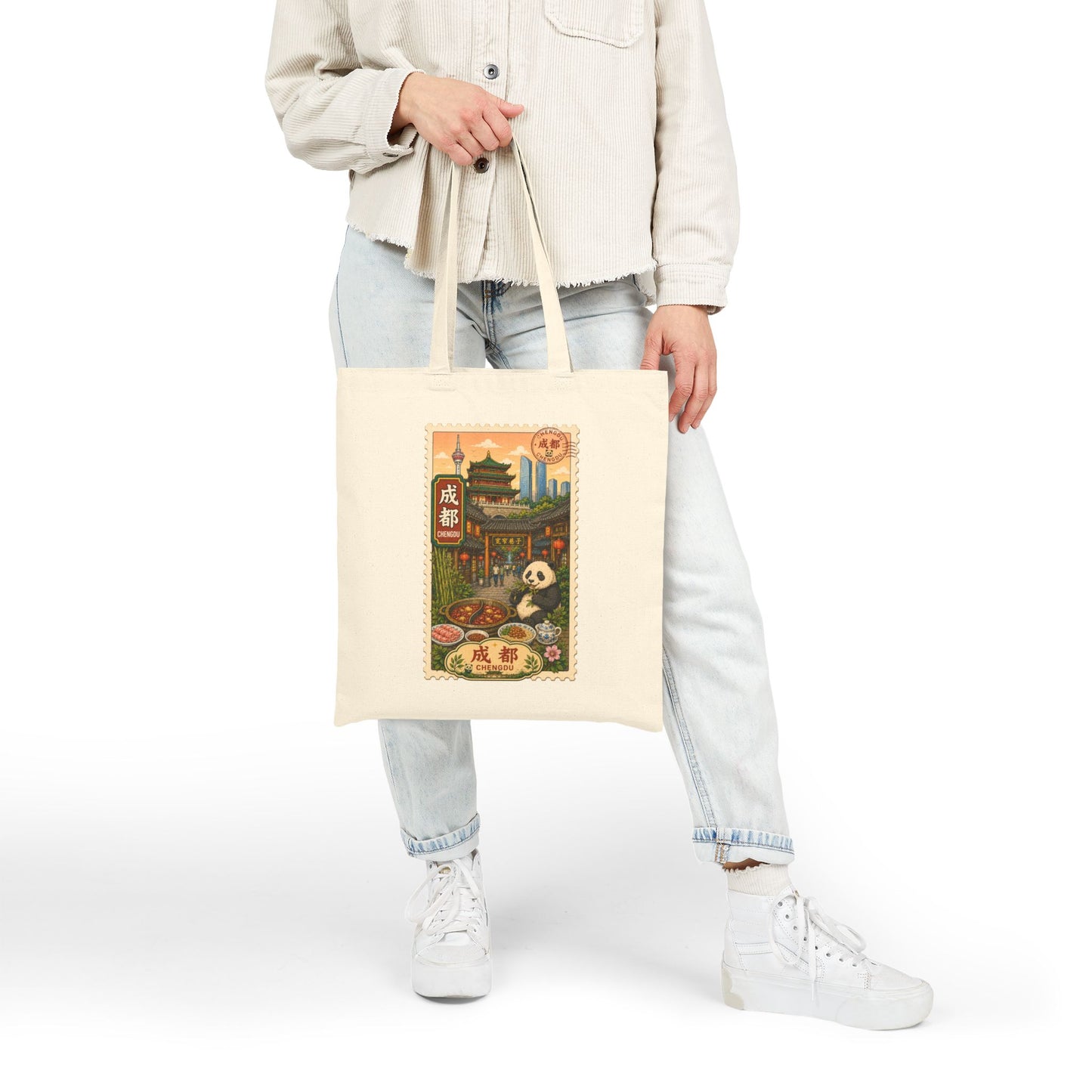 Chengdu Street Food Panda Canvas Tote Bag — Vintage Chinese Travel Market Print