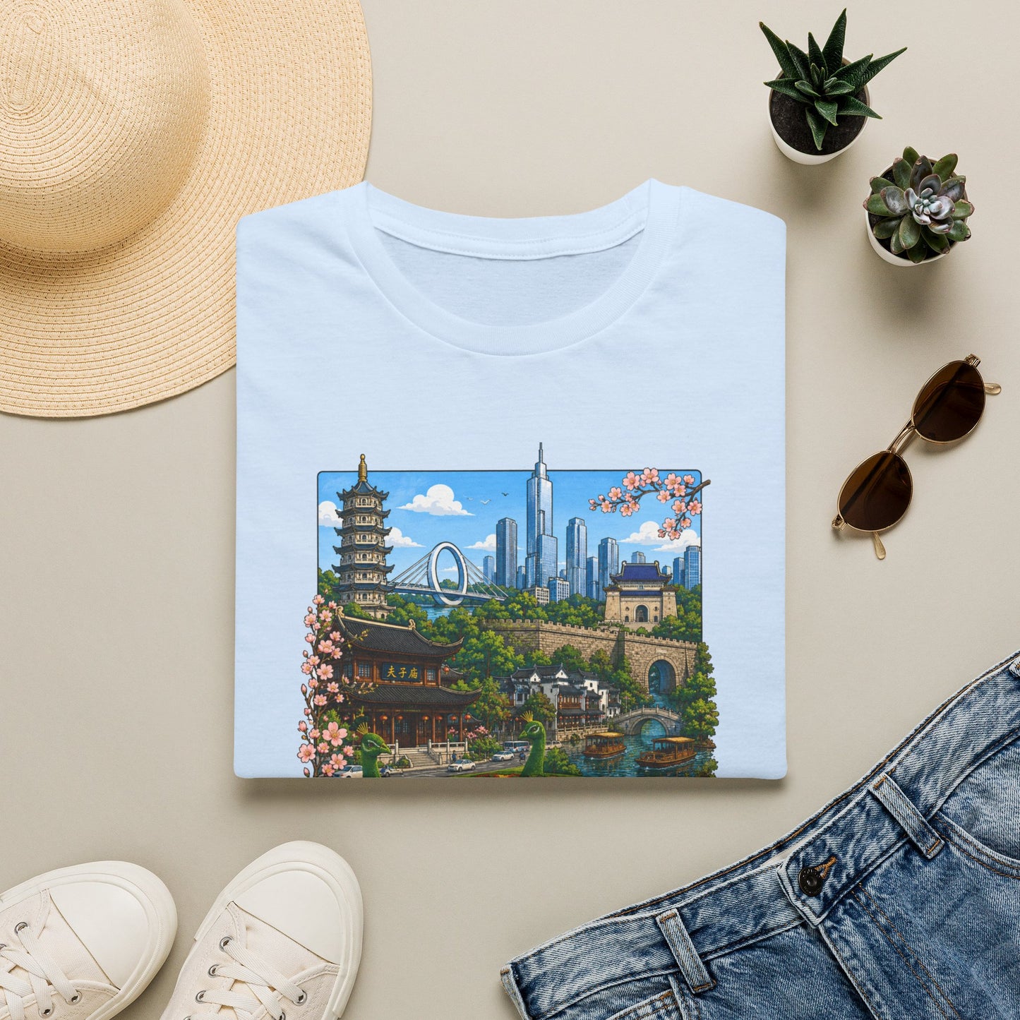 Nanjing Skyline T-Shirt — Scenic Cityscape with Pagoda & Cherry Blossoms