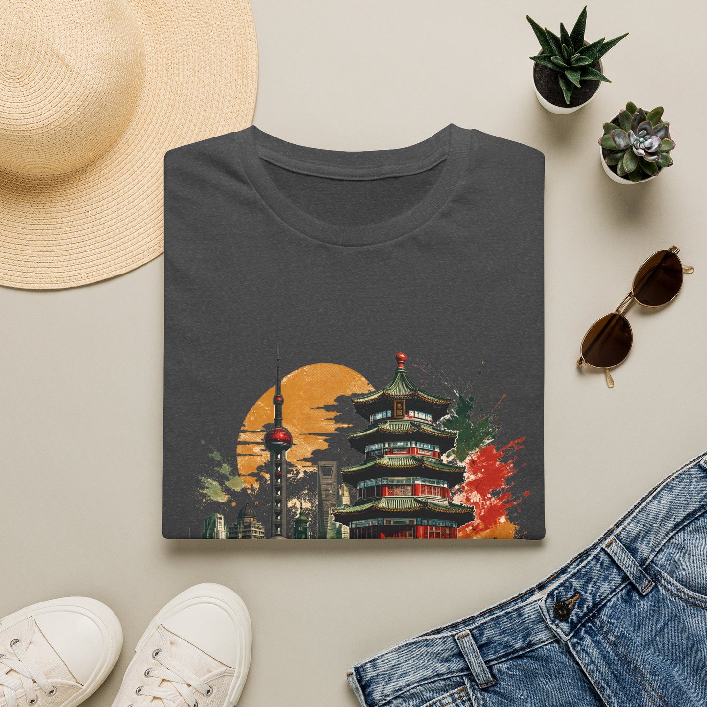 Shanghai skyline T-Shirt — Watercolor Pagoda & Oriental Sunset Tee