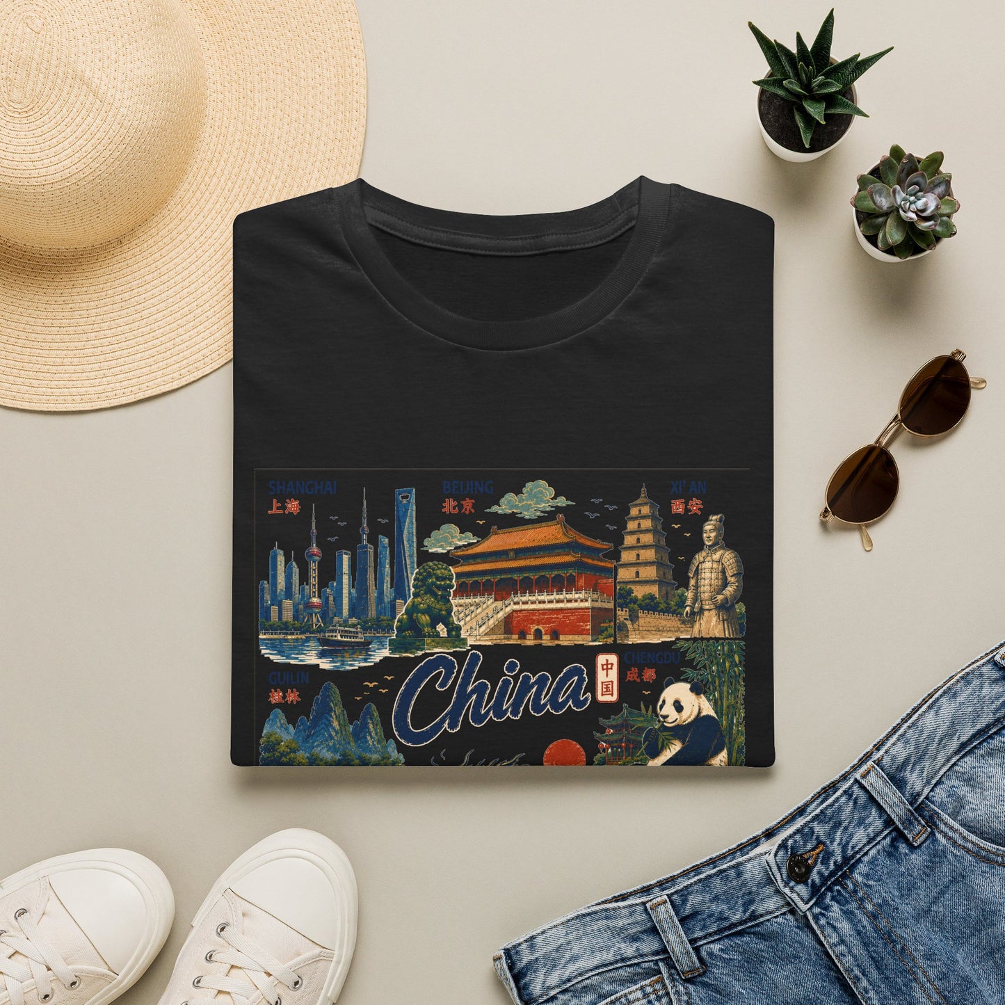 China Travel Collage T-Shirt — Landmarks & Panda Souvenir Tee