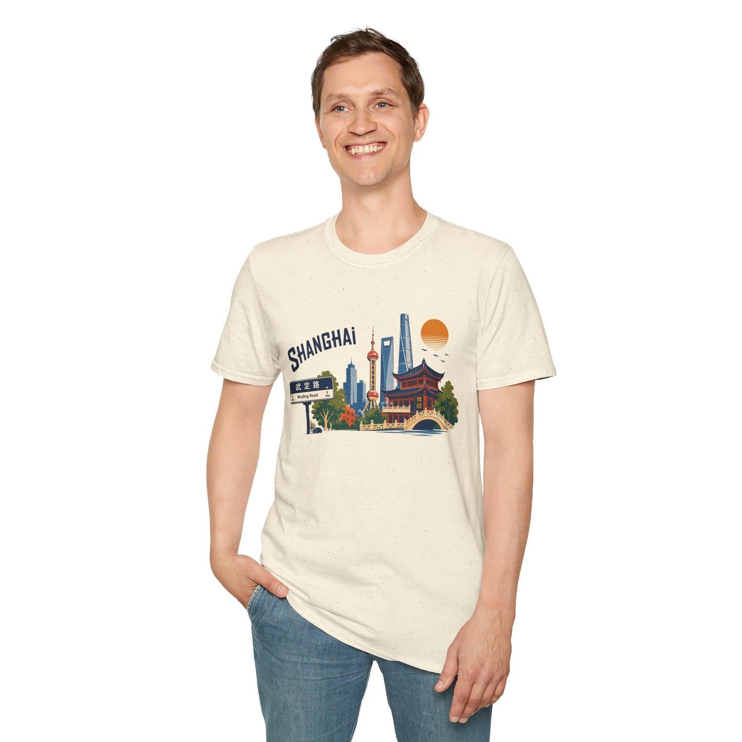 Shanghai Skyline T-Shirt — Vintage Cityscape Tee with Oriental Temple & Pudong Landmarks
