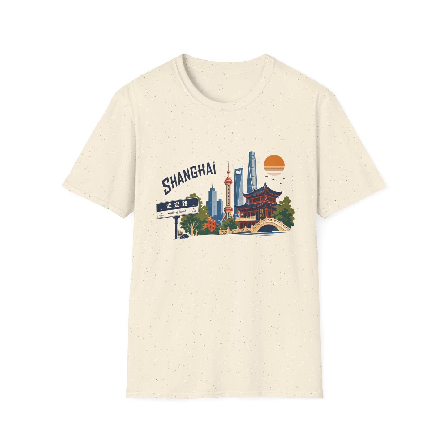 Shanghai Skyline T-Shirt — Retro Cityscape Tee with Oriental Pagoda & Street Sign