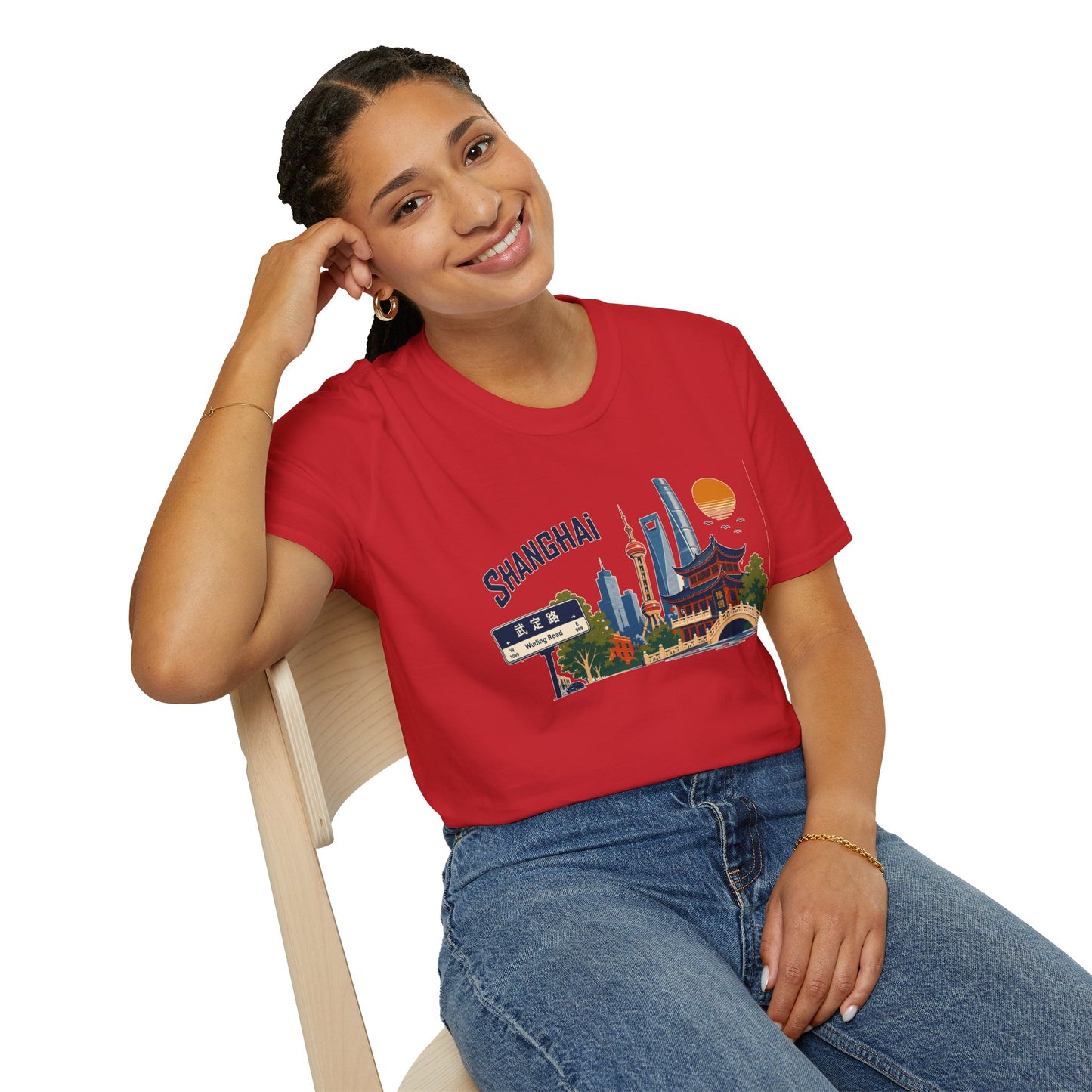 Shanghai Skyline T-Shirt — Vintage Cityscape Tee with Oriental Temple & Pudong Landmarks