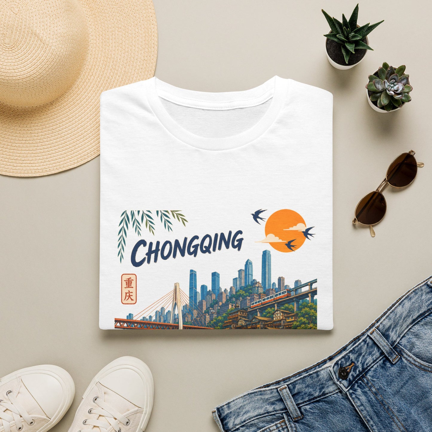 Chongqing Cityscape T-Shirt — Retro Sunset Asian Travel Tee