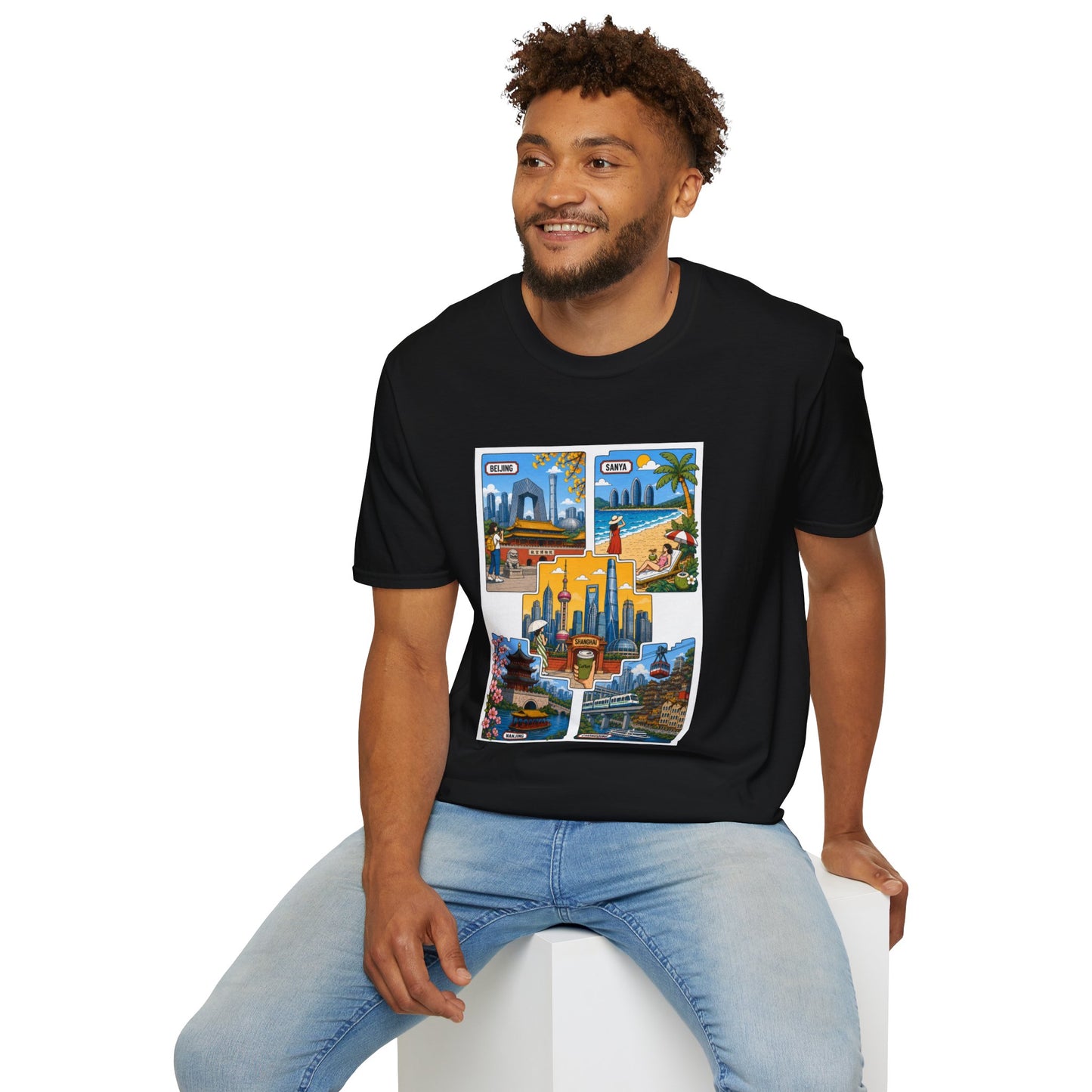 Cityscape Postcard T-Shirt — Retro Travel Collage (Beijing, Santa, Coastal Scenes)