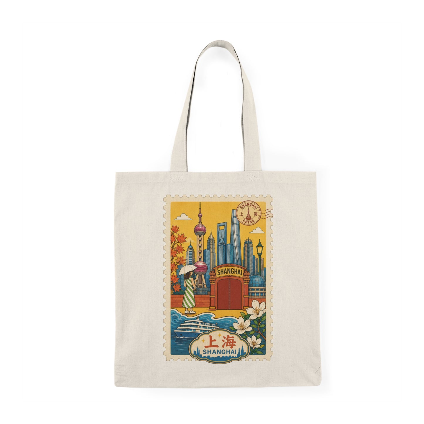 Shanghai Vintage Travel Tote Bag — Retro Postcard Cityscape Cotton Tote