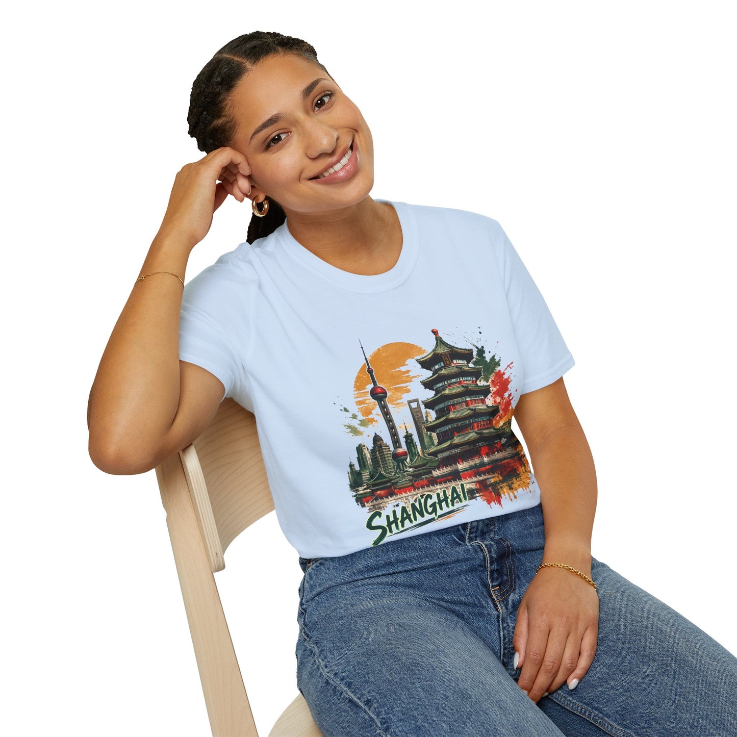 Shanghai Skyline T-Shirt — Watercolor Pagoda & Oriental Sunset Graphic