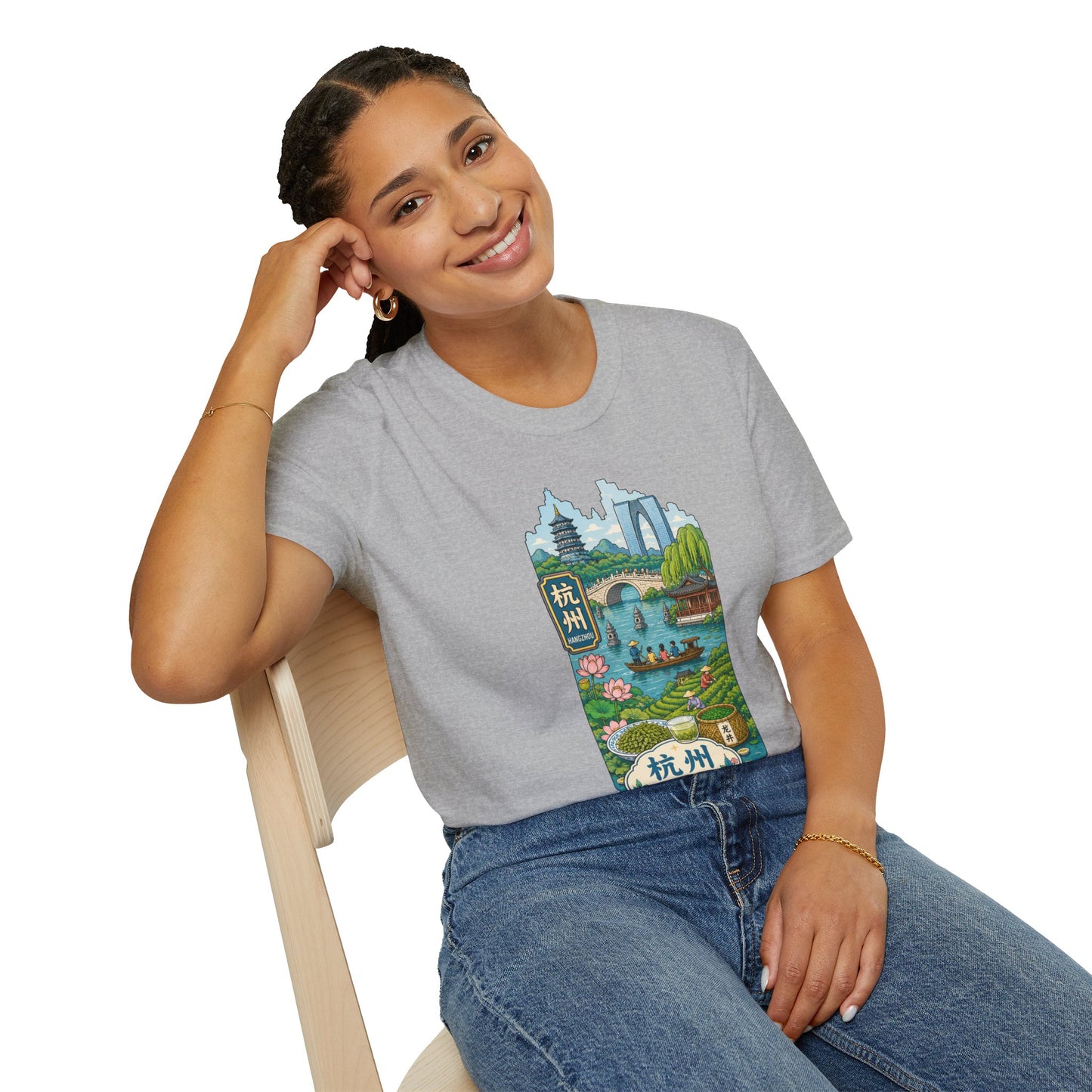 Hangzhou Scenic T-Shirt — West Lake Pagoda & Bridge Illustration
