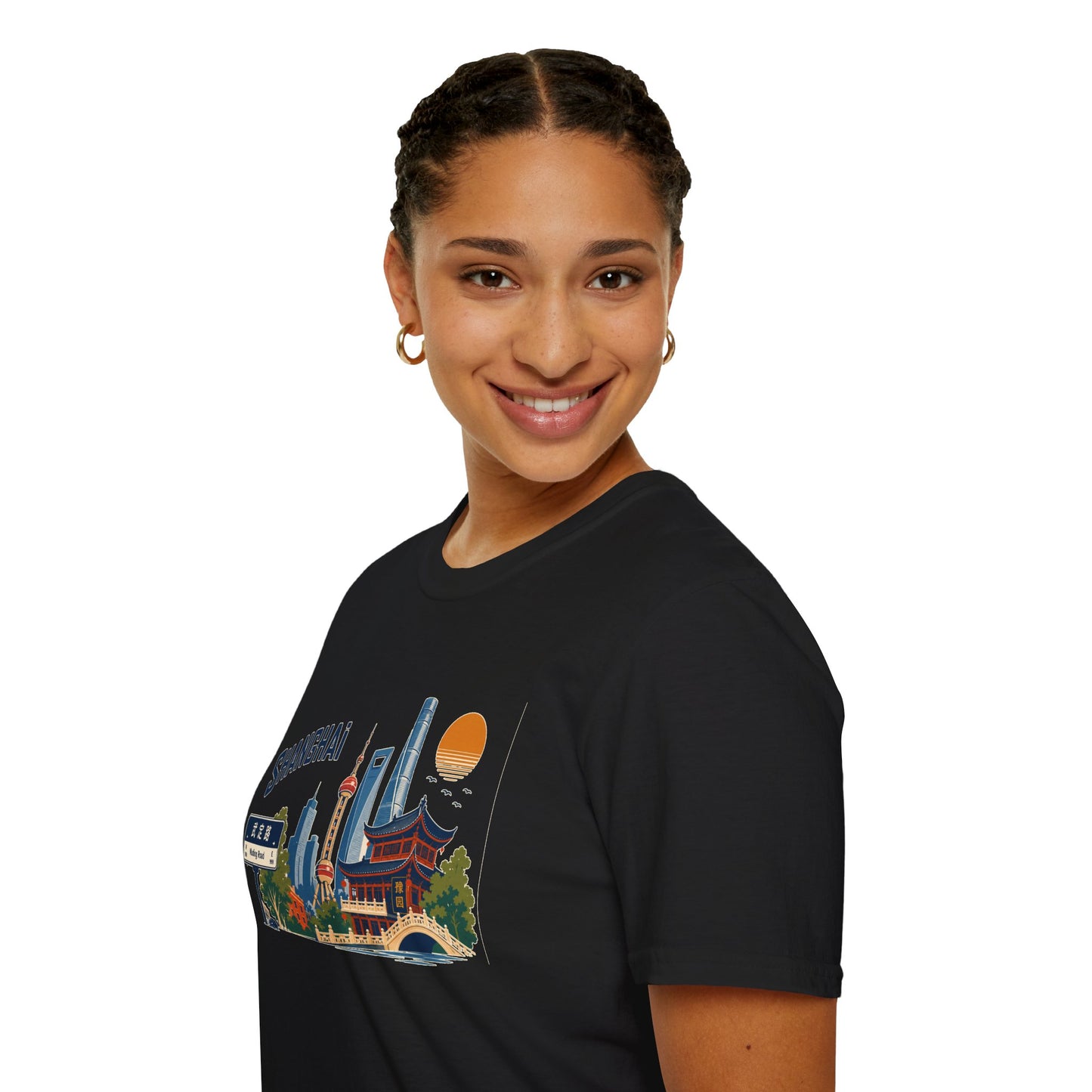 Shanghai Skyline T-Shirt — Vintage Cityscape Tee with Oriental Temple & Pudong Landmarks