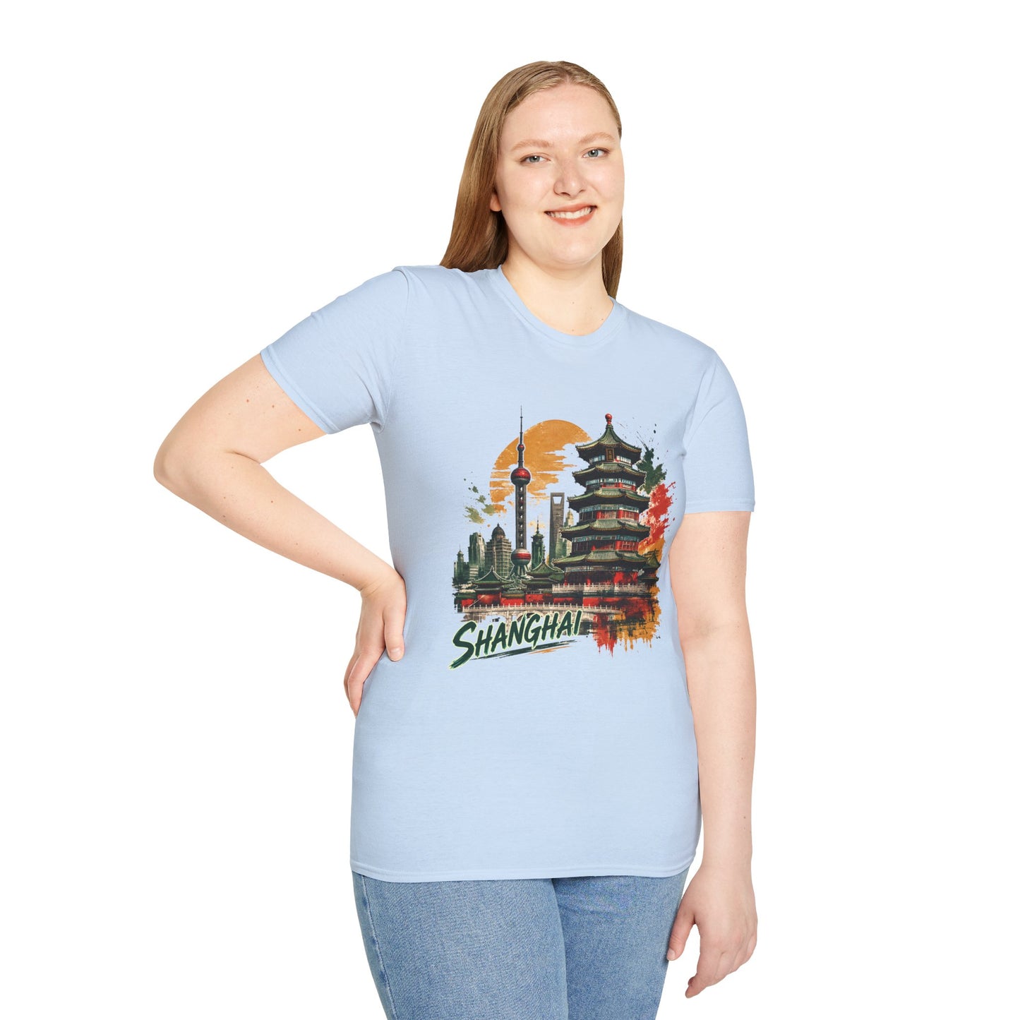 Shanghai Skyline T-Shirt — Watercolor Pagoda & Oriental Sunset Graphic