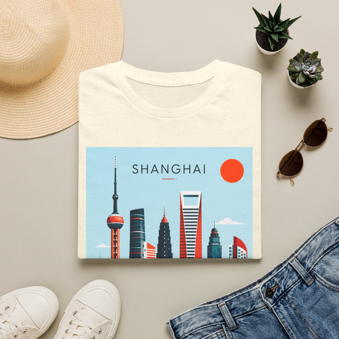 Shanghai Skyline T‑Shirt — Retro Cityscape Tee with 'SHANGHAI' Graphic