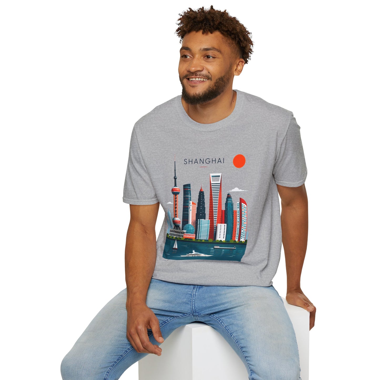 Shanghai Skyline T‑Shirt — Retro Red Sun Cityscape Tee