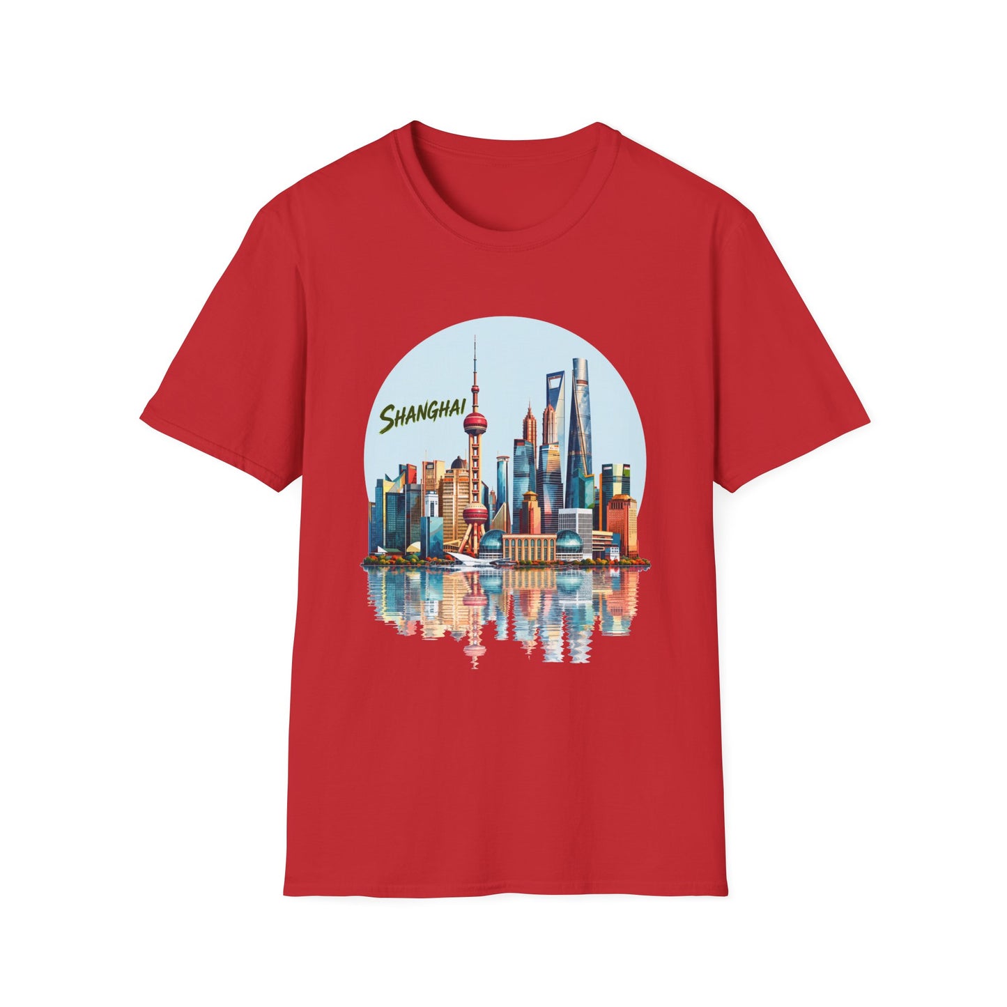 Shanghai Skyline T-Shirt — Retro Cityscape Tee with Reflection