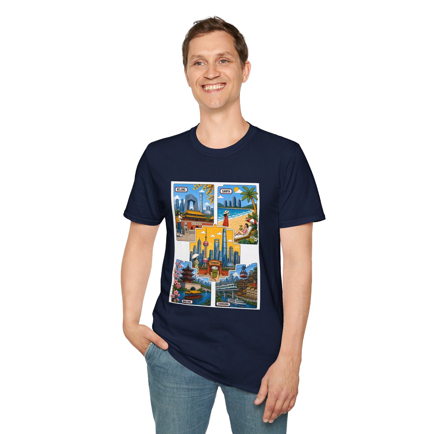 Cityscape Postcard T-Shirt — Retro Travel Collage (Beijing, Santa, Coastal Scenes)