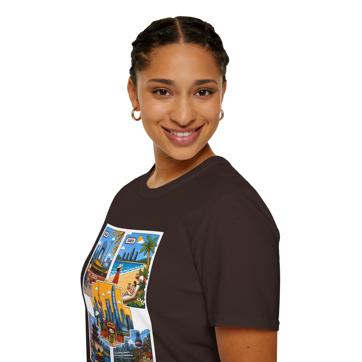 Cityscape Postcard T-Shirt — Retro Travel Collage (Beijing, Santa, Coastal Scenes)