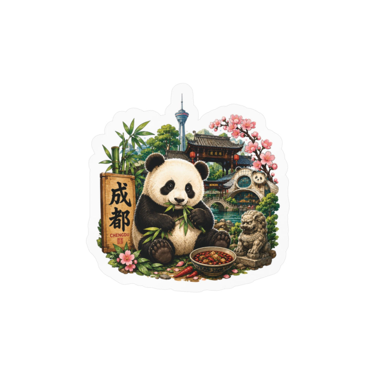 Panda Chengdu Kiss-Cut Vinyl Sticker — Cute Bamboo Scene Decal