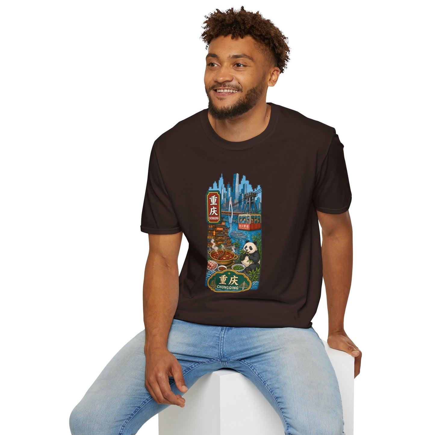 Chongqing Cityscape T-Shirt — Cable Car, Skyline & Night Market Illustration