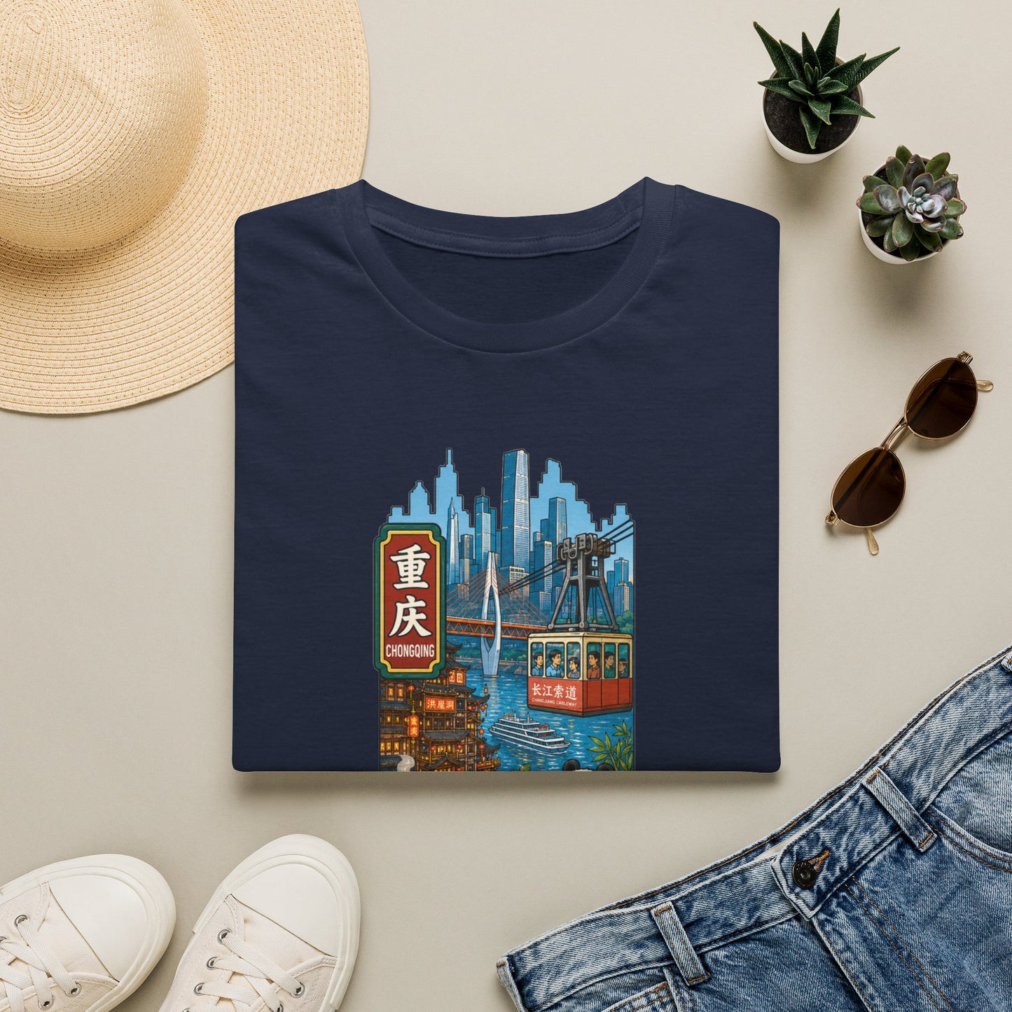 Chongqing Cityscape T-Shirt — Cable Car, Skyline & Night Market Illustration
