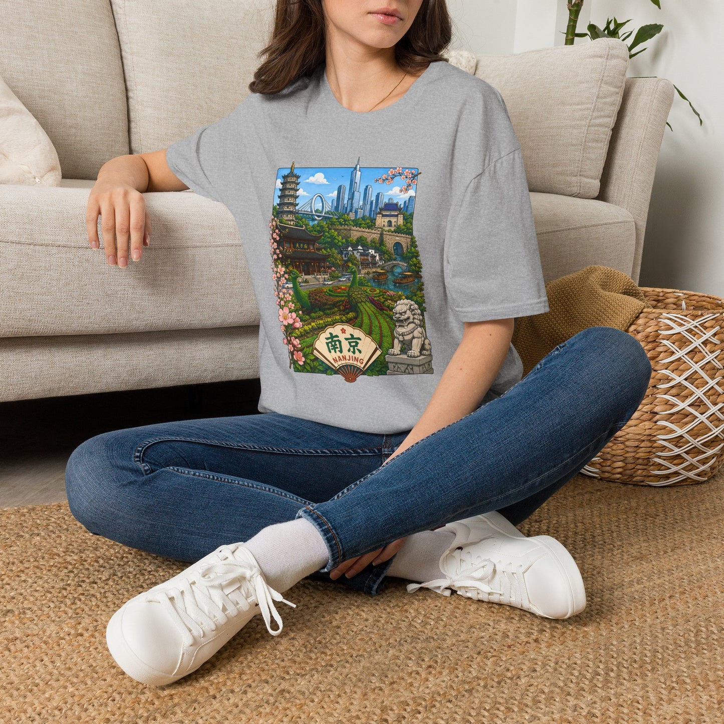 Nanjing Skyline T-Shirt — Scenic Cityscape with Pagoda & Cherry Blossoms